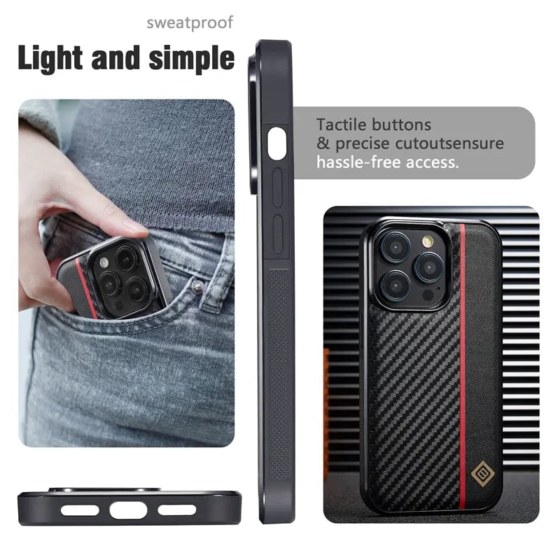 Shockproof Carbon Fiber Leather iPhone 15 Case Styleeo