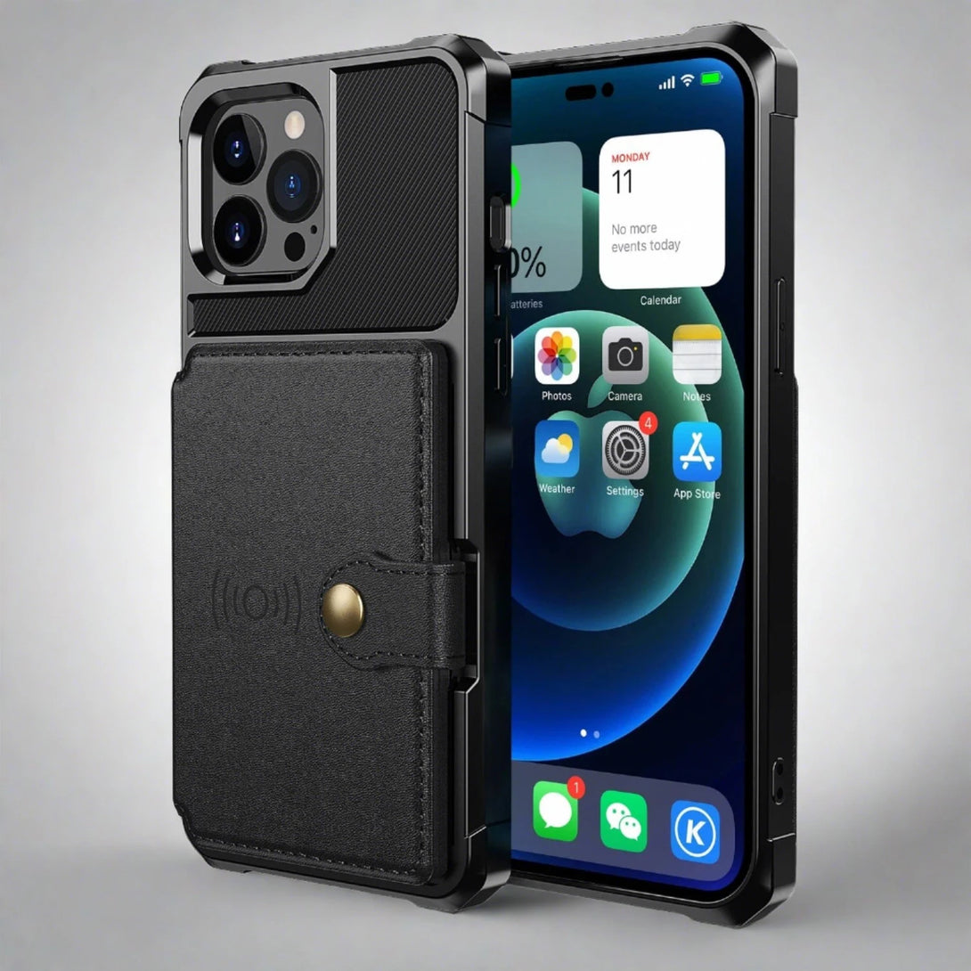 Shockproof iPhone 15 Cardholder Cases | Magnetic Flip Back Cover iPhone 15 / Black Cardholder Case For iPhone 15 Styleeo