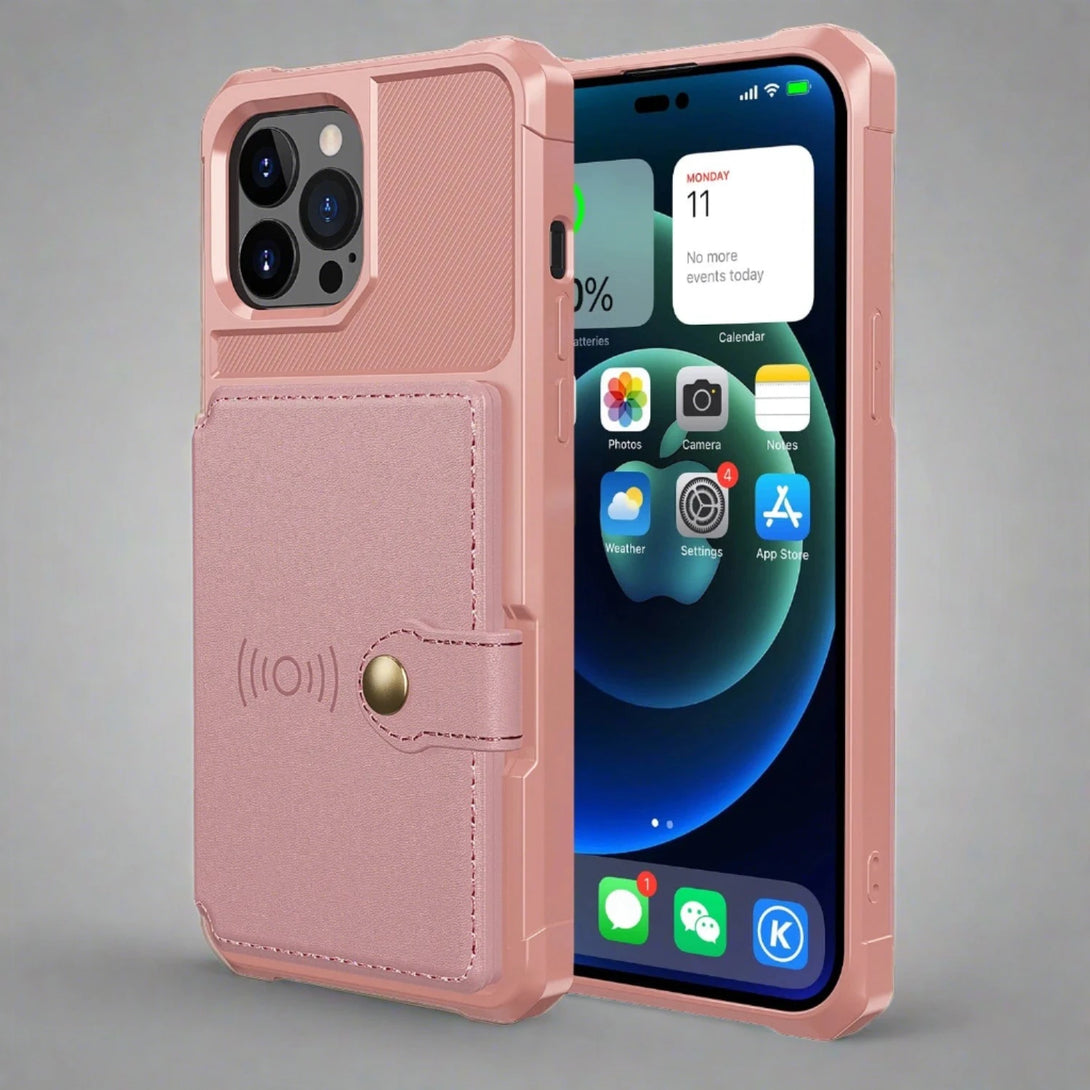 Shockproof iPhone 15 Cardholder Cases | Magnetic Flip Back Cover iPhone 15 / Rose Gold Cardholder Case For iPhone 15 Styleeo