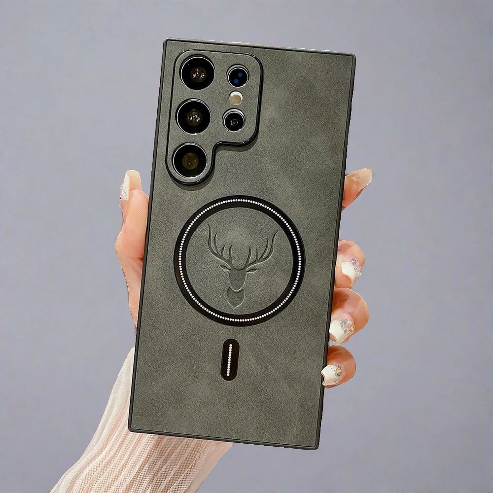 Vintage Leather Samsung Phone Case | Magnetic Wireless Charging Stylish Cover-gray- Styleeo
