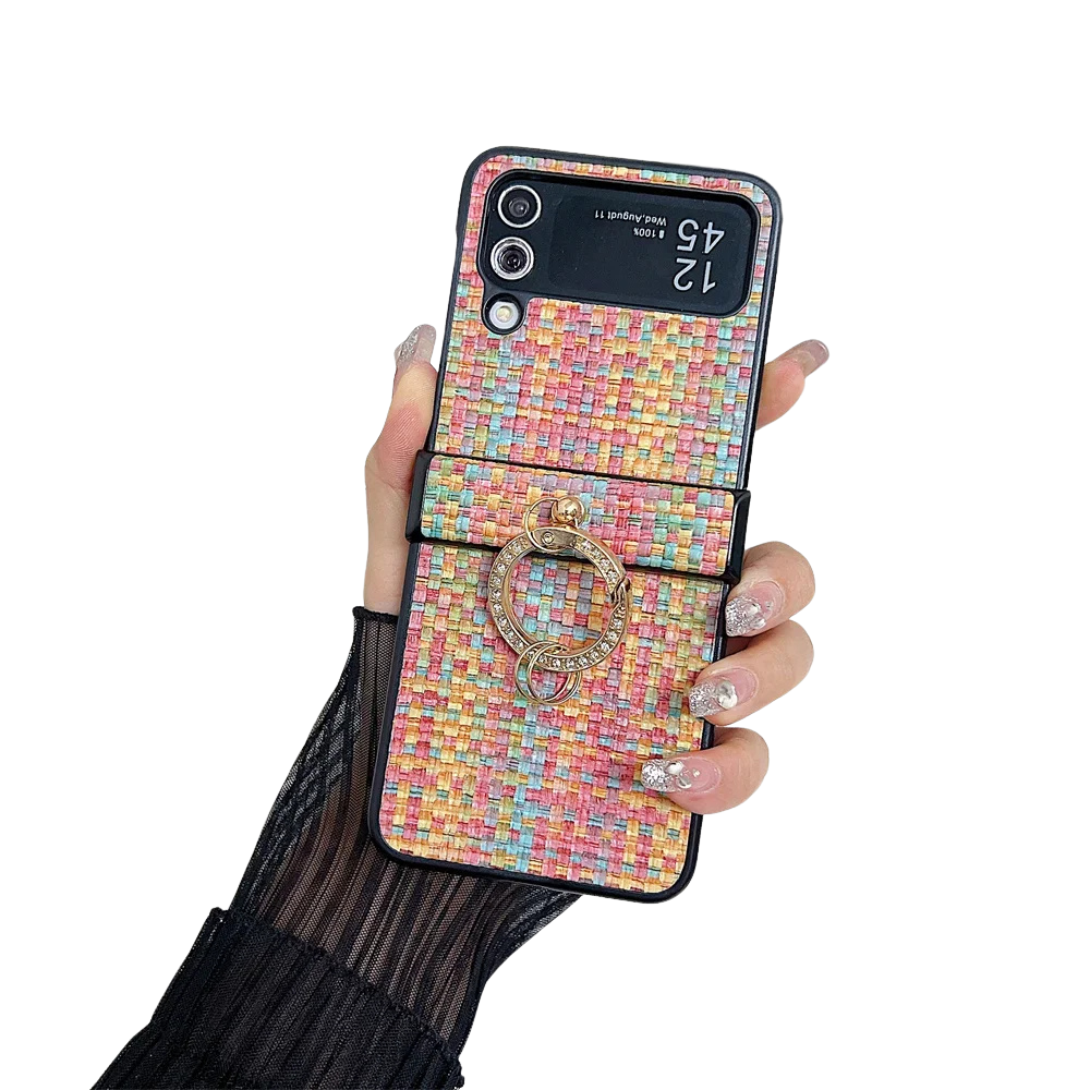 Woven Pattern Samsung Z Flip Diamond Ring Holder Case