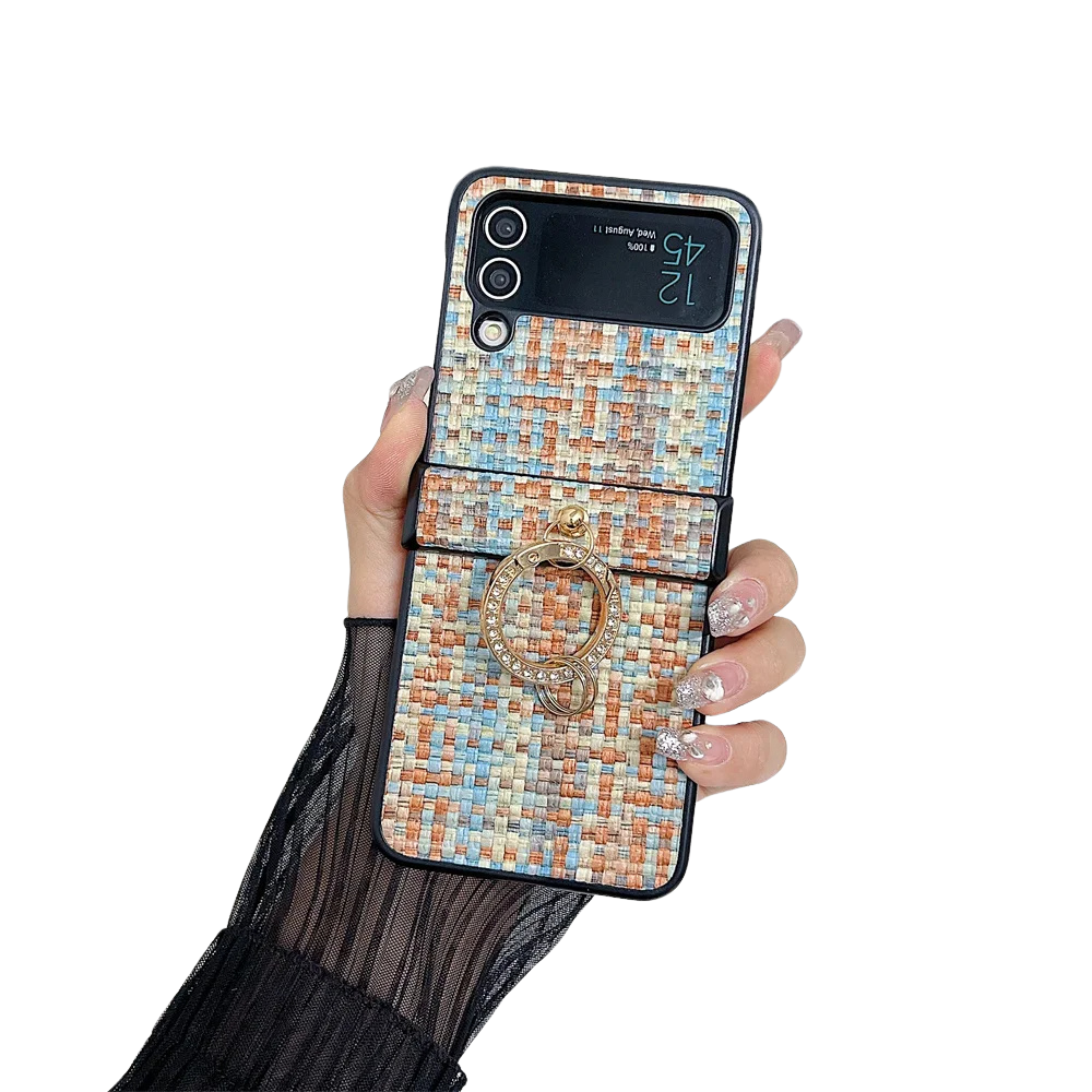 Woven Pattern Samsung Z Flip Diamond Ring Holder Case