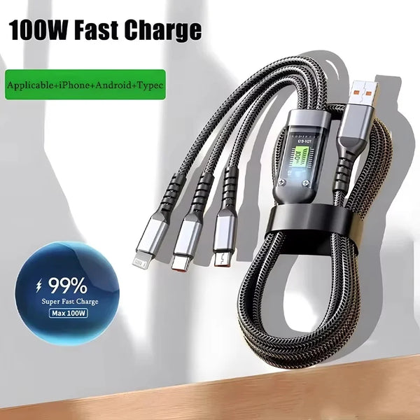 100W USB Charging Cable 3 In 1 Universal USB-C, Lightning, Micro USB - Styleeo
