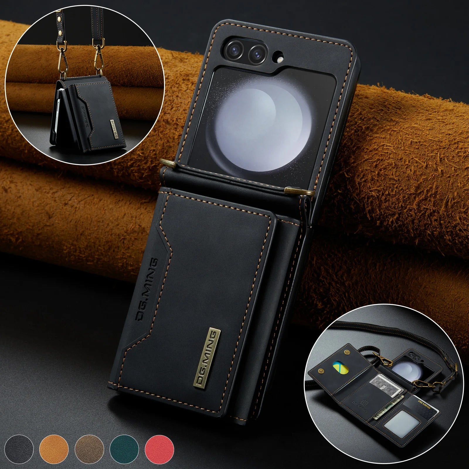 Leather Crossbody Samsung Galaxy Z Flip 5/4/3 Wallet Case | Lanyard Magnetic Flip Cover