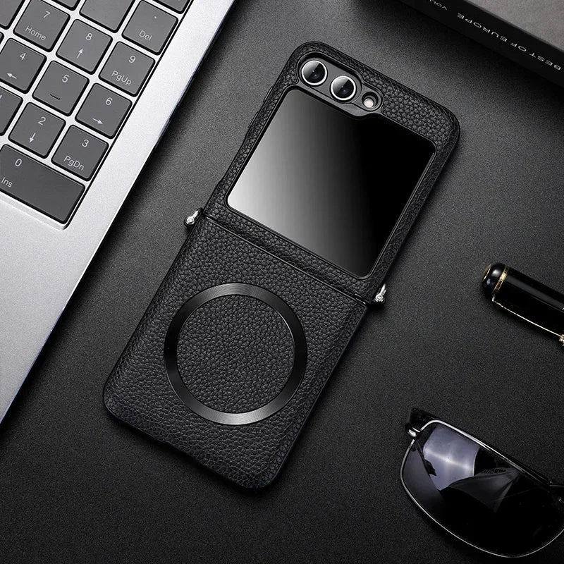 Litchi Leather Samsung Galaxy Z Flip Wireless Charging Case - Styleeo