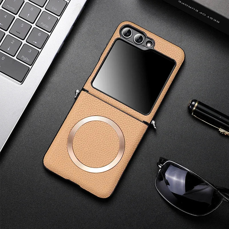 Litchi Leather Samsung Galaxy Z Flip Wireless Charging Case - Styleeo