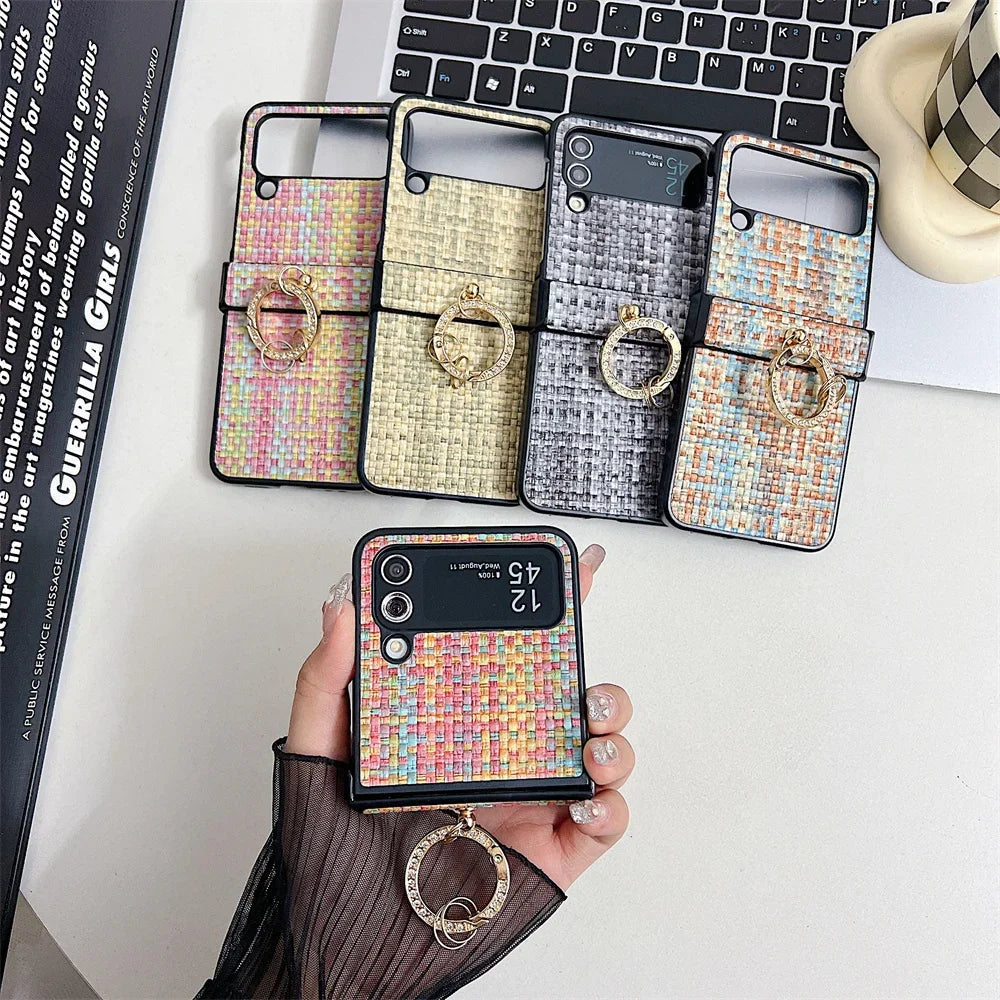 Woven Pattern Samsung Z Flip Diamond Ring Holder Case