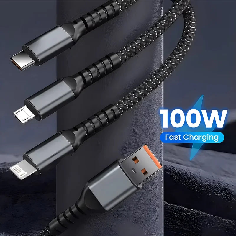100W USB Charging Cable 3 In 1 Universal USB-C, Lightning, Micro USB - Styleeo