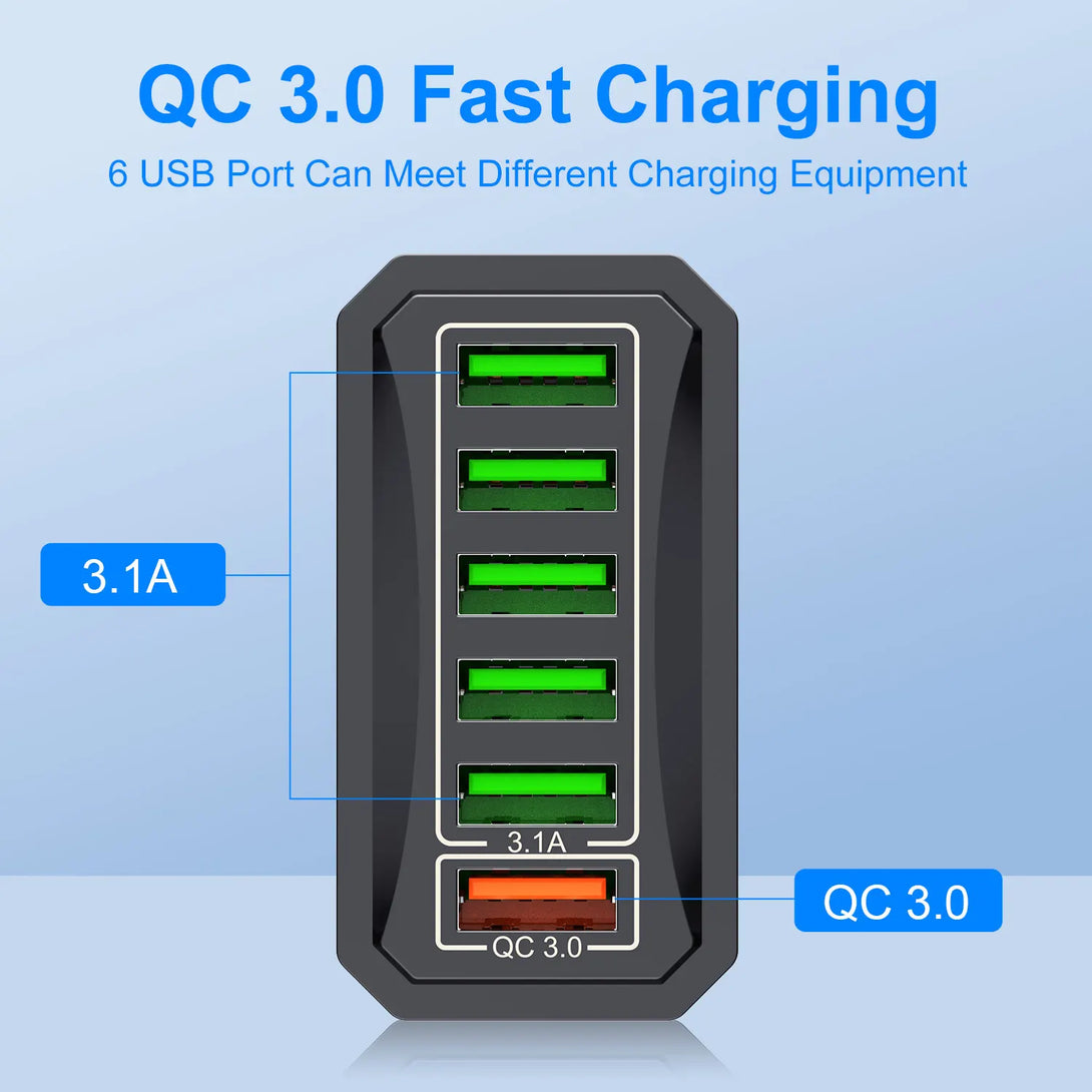 USB Wall Charging Adaptor 6 In 1 Multi USB 3.1A QC3.0 - Styleeo