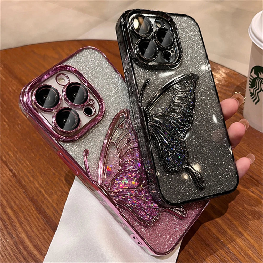 Gradient Glitter Butterfly Plating iPhone Clear Phone Case
