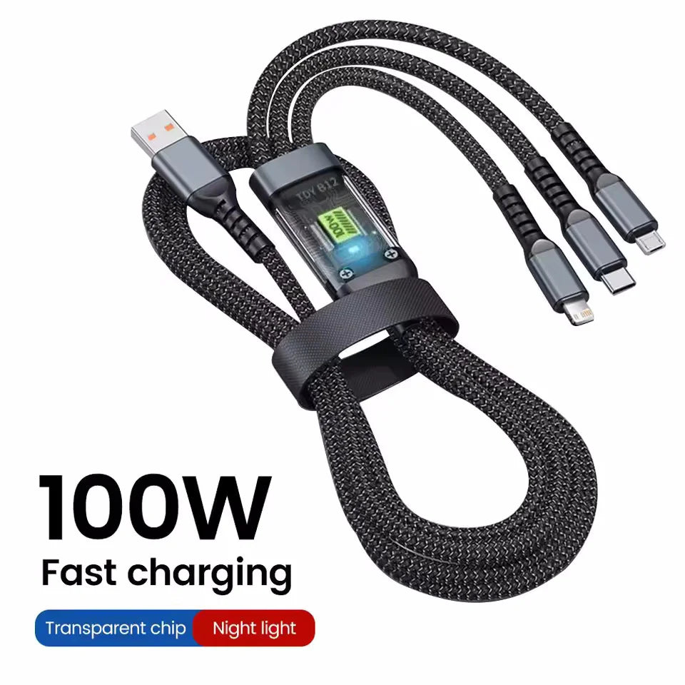100W USB Charging Cable 3 In 1 Universal USB-C, Lightning, Micro USB - Styleeo