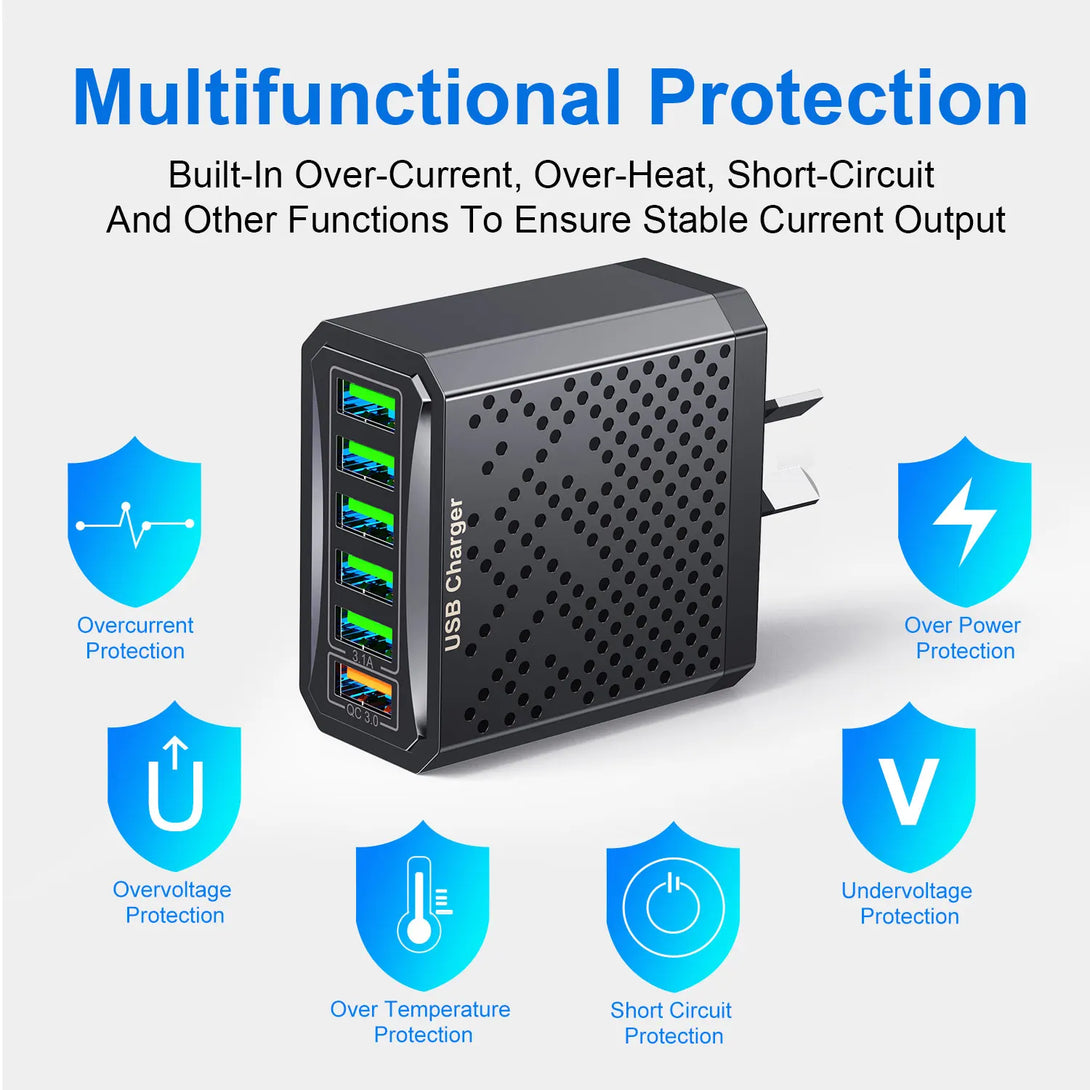 USB Wall Charging Adaptor 6 In 1 Multi USB 3.1A QC3.0 - Styleeo