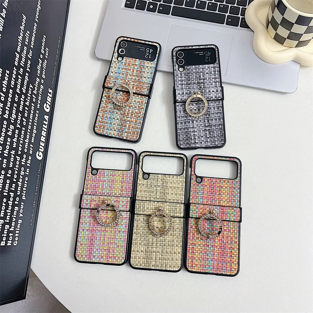 Woven Pattern Samsung Z Flip Diamond Ring Holder Case