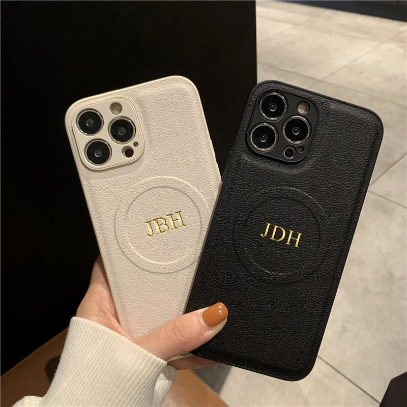 MagSafe Personalized iPhone Customized Name Initials Leather Case
