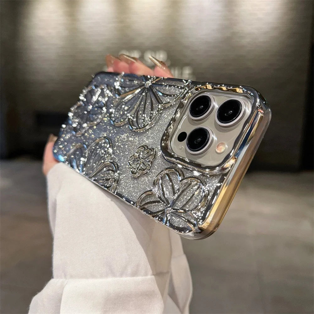 Gradient 3D Flowers iPhone Case | Glitter Electroplated Soft Back Cover