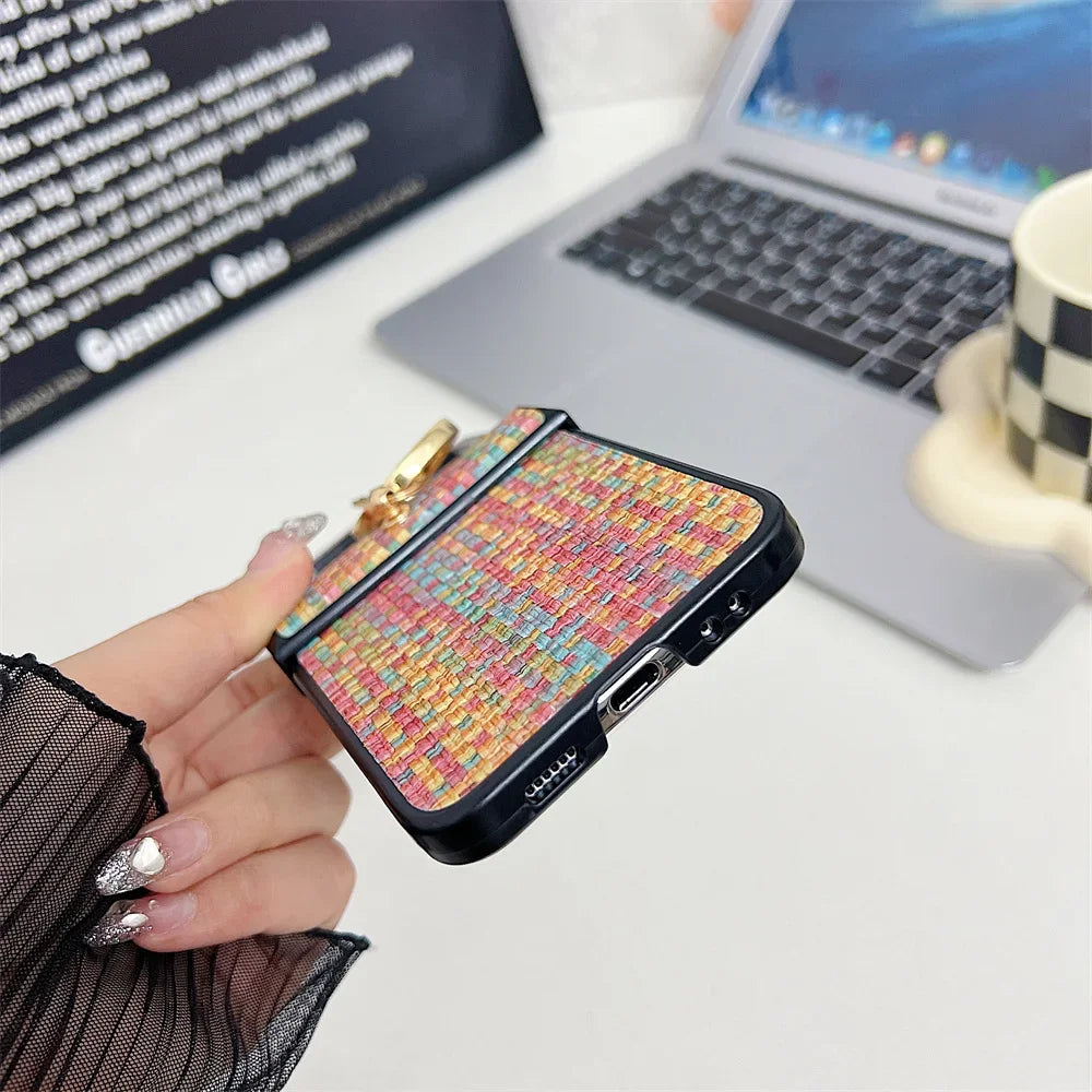 Woven Pattern Samsung Z Flip Diamond Ring Holder Case