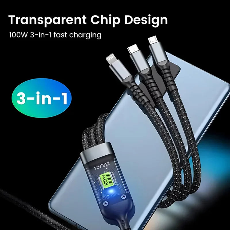 100W USB Charging Cable 3 In 1 Universal USB-C, Lightning, Micro USB - Styleeo