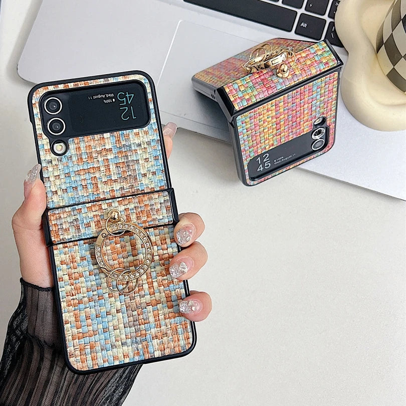 Woven Pattern Samsung Z Flip Diamond Ring Holder Case