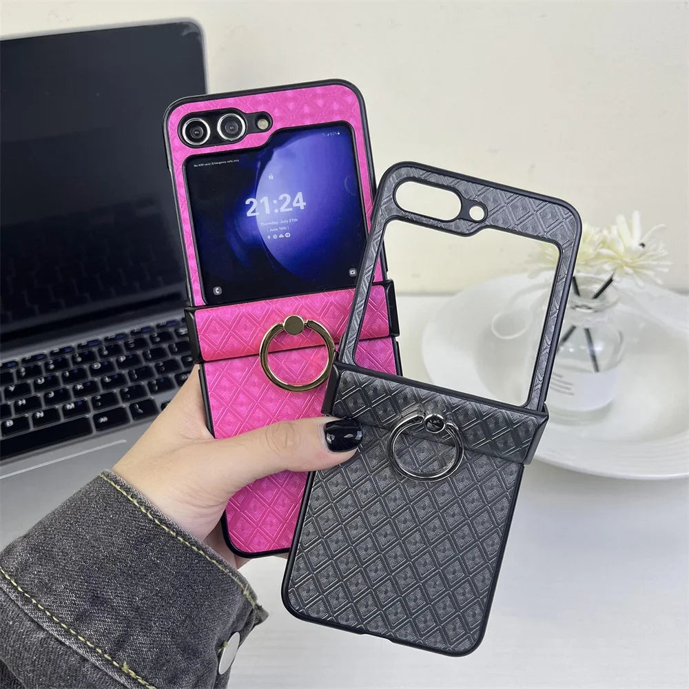 Diamond Grid Leather Samsung Z Flip Ring Holder Case