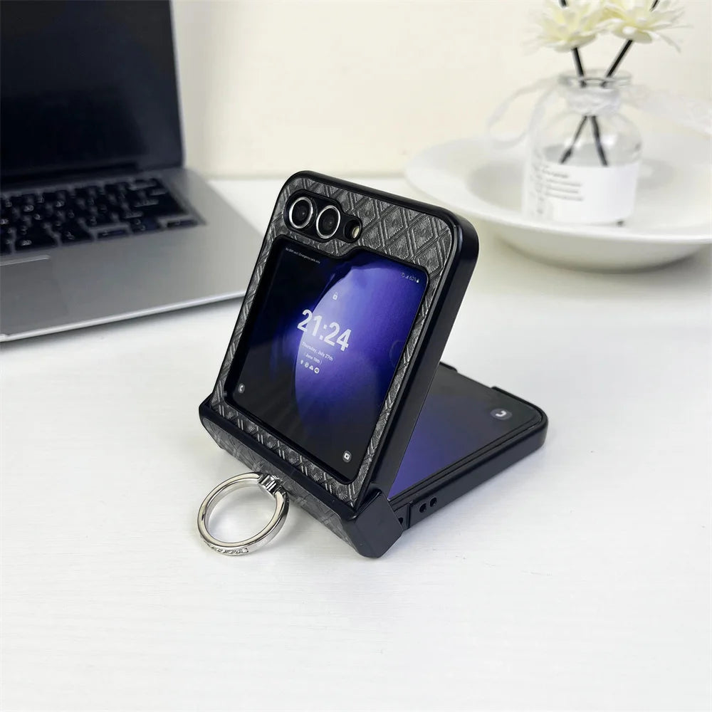 Diamond Grid Leather Samsung Z Flip Ring Holder Case