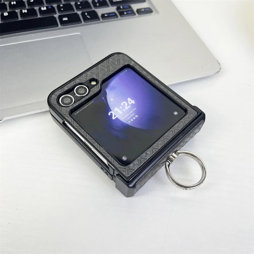 Diamond Grid Leather Samsung Z Flip Ring Holder Case