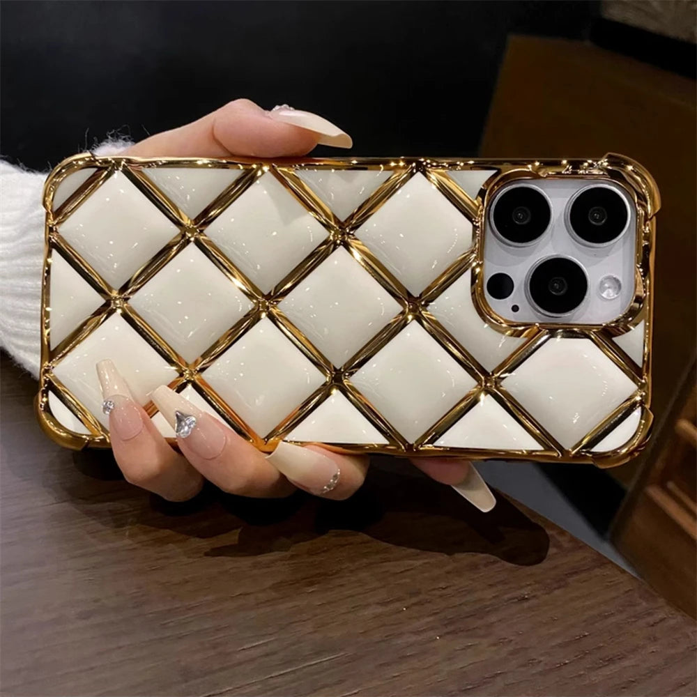 Diamond Plating iPhone Case | Lattice Grid Soft Silicone Gold Cover