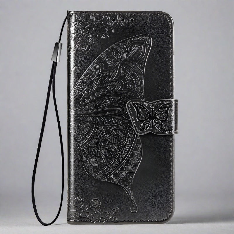 Butterfly iPhone Wallet Case | Embossed Leather Magnetic Cardholder-black-Styleeo
