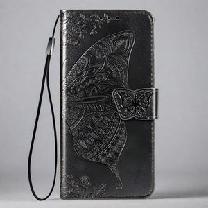 Butterfly iPhone Wallet Case | Embossed Leather Magnetic Cardholder-black-Styleeo