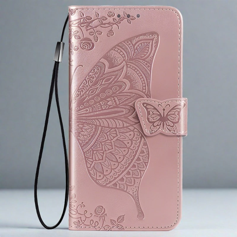 Butterfly iPhone Wallet Case | Embossed Leather Magnetic Cardholder-pink-Styleeo