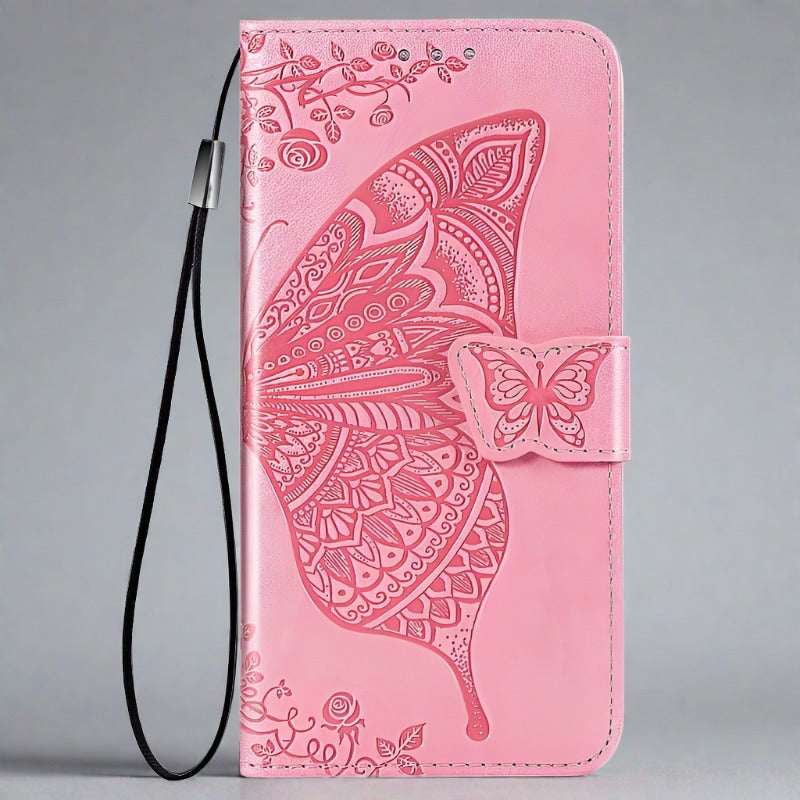 Butterfly iPhone Wallet Case | Embossed Leather Magnetic Cardholder-pink-Styleeo