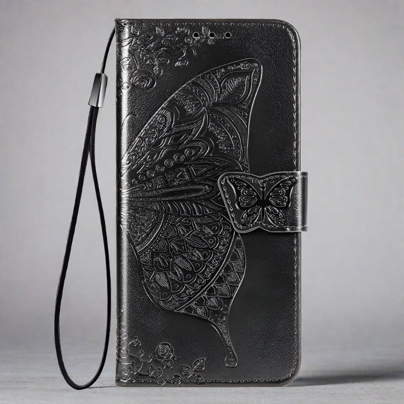 Samsung Phone Case | Butterfly Magnetic Leather Wallet Cardhoder-black-Styleeo