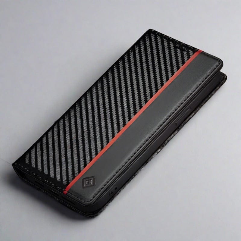 Flip Cover Wallet Case für iPhone - Kohlefaser-Leder