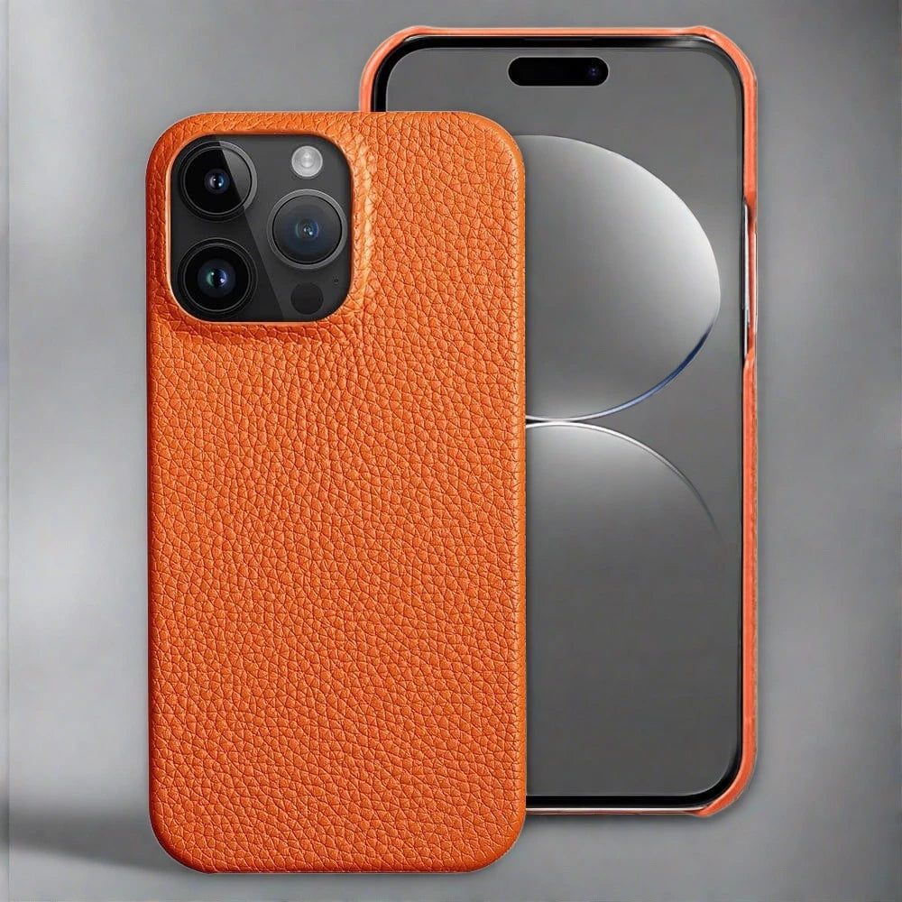 Genuine Cowhide Leather iPhone 15/14 Case Orange / For iPhone 14 Styleeo
