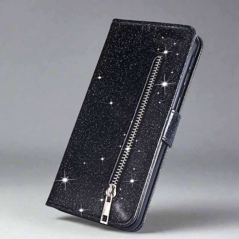 iPhone Leather Glitter Zipper Wallet Case iPhone SE 2020 / Black Styleeo