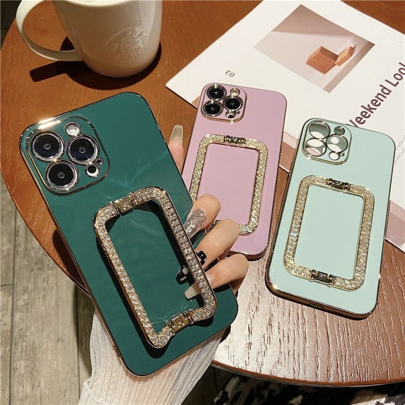 Gold Plating Crystal Square Holder Case for iPhone 14/Pro/Max/Plus Styleeo