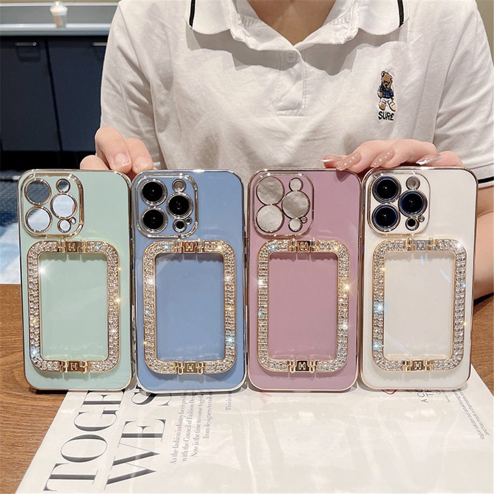 Gold Plating Crystal Square Holder Case for iPhone 14/Pro/Max/Plus Styleeo