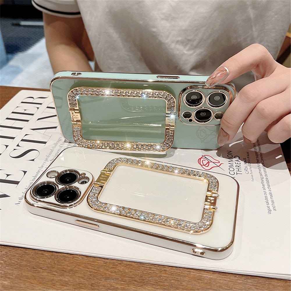 Gold Plating Crystal Square Holder Case for iPhone 14/Pro/Max/Plus Square Holder Case for iPhone 14/Pro/Max/Plus Styleeo