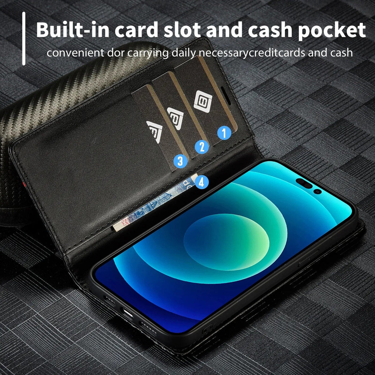 Luxury Carbon Fiber Leather Wallet Case For iPhone 15/15Pro/15ProMax/15Plus Styleeo