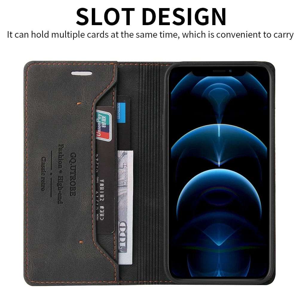 RFID Blocking Magnetic iPhone Leather Flip Cover Wallet Case