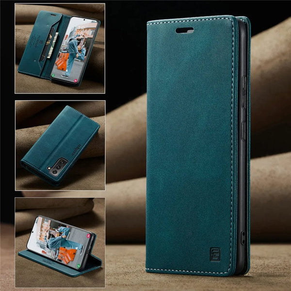 RFID Blocking Leather Samsung Magnetic Flip Wallet Case