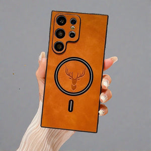 Vintage Leather Samsung Phone Case | Magnetic Wireless Charging Stylish Cover-orange-Styleeo